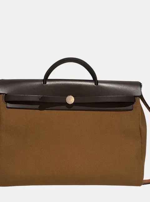 Hermes Herbag Messenger 39 Ebene Toile Canvas Hunter Leather Shoulder Bag