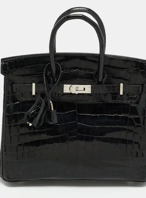 Hermes Birkin 25 Palladium Finish Noir Crocodile Niloticus Tote