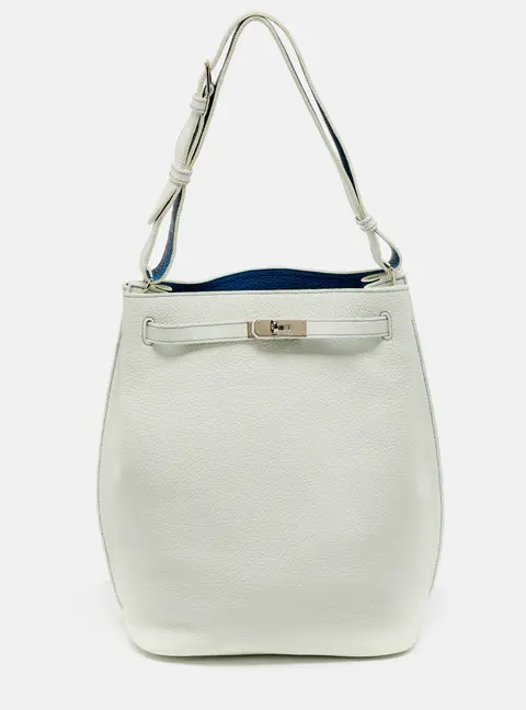 Herm&egrave;s So Kelly 26 Palladium Finish Blanc/Mykonos Taurillon Clemence Bucket Bag