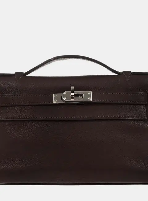 Hermes Kelly Pochette Havane Evergrain Calfskin Leather Clutch Bag