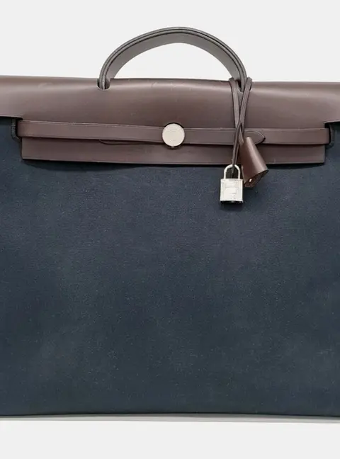Hermes Herbag Zip 31 Large Blue Indigo Brown Canvas Vache Hunter Leather Top Handle Bag