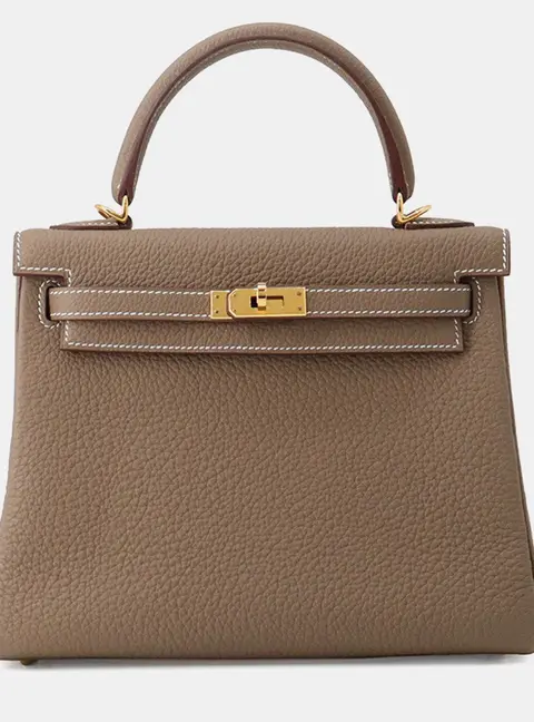 Hermes Kelly Retourne 25 Etoupe Togo Calfskin Leather Top Handle Bag