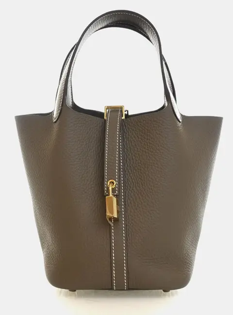 Hermes Picotin Lock 18 Etoupe Clemence Calfskin Leather Top Handle Bag