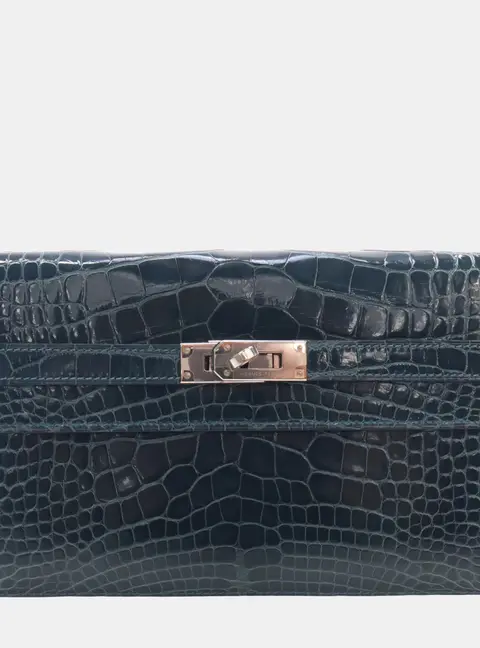 Hermes Kelly Long Wallet Bleu Covert Alligator Leather Clutch Bag
