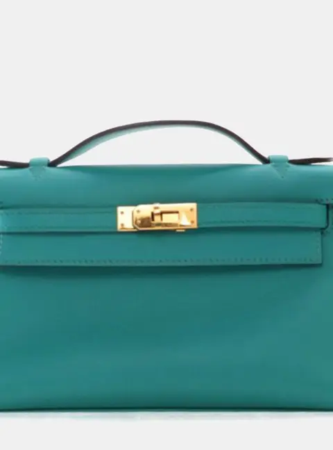 Hermes Kelly Pochette Bleu Paon Swift Calfskin Leather Clutch Bag