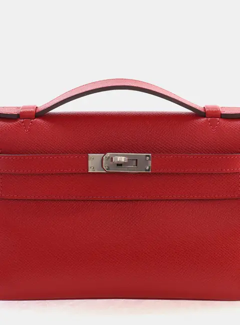 Hermes Kelly Pochette Rouge Vif Epsom Calfskin Leather Clutch Bag