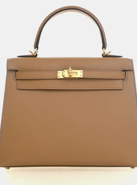 Hermes Kelly 25 Biscuit Veau Madame Calfskin Leather Top Handle Bag