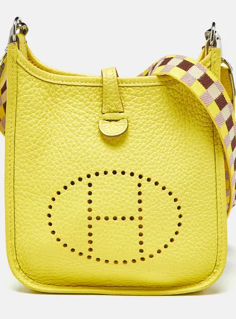 Herm&egrave;s Evelyne Quadrille TPM Lime Taurillon Clemence Leather Crossbody Bag