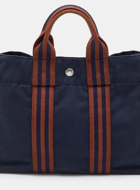 Herm&egrave;s Fourre Tout PM Navy Blue/Brown Toile Canvas Tote