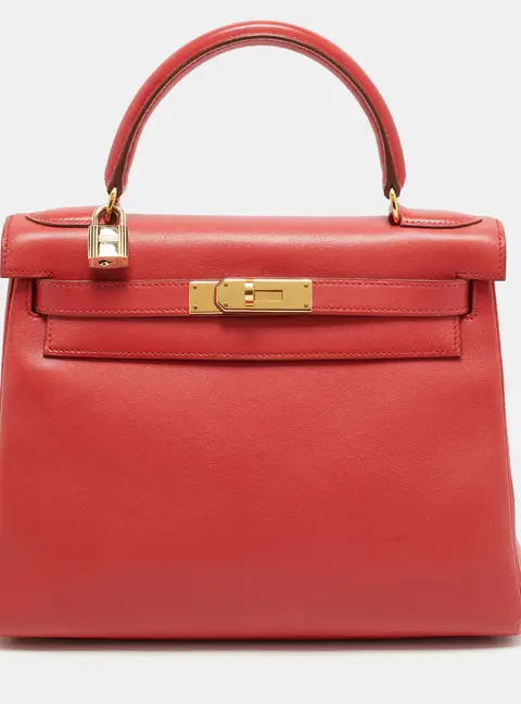 Herm&egrave;s Kelly Retourne 28 Gold Finish Rouge Vif Gulliver Leather Top Handle Bag