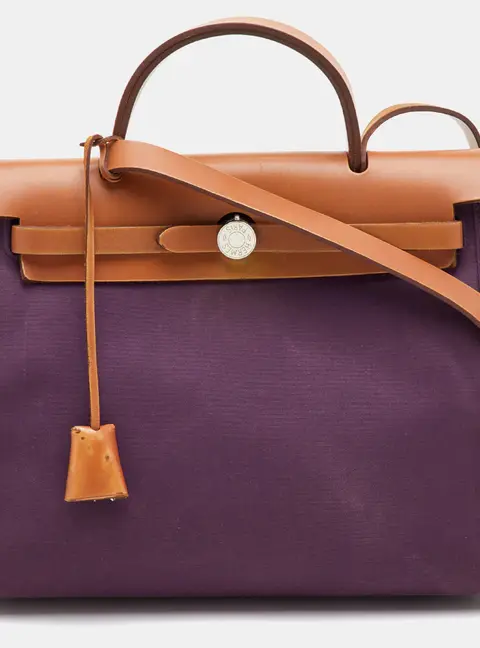 Herm&egrave;s Herbag 31 Zip Cassis Fauve/Natural Toile and Vache Hunter Top Handle Bag