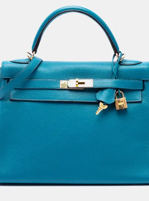 Hermes Kelly II Retourne 32 Blue Izmir Clemence Top Handle Bag
