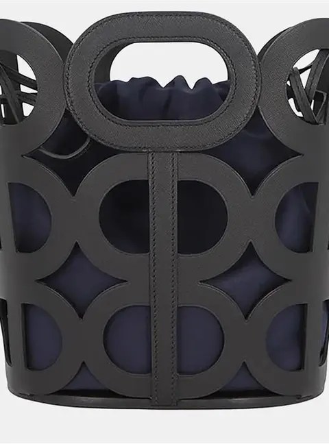 Hermes Chaine D'Ancre PM Black Veau Madame Leather Silk Canvas Top Handle Bag