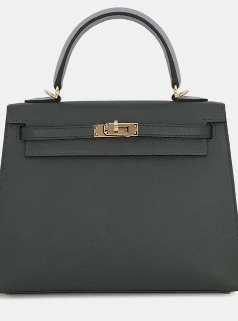 Hermes Kelly Sellier 25 Vert Mangrove Green Pantan Black Epsom Leather Top Handle Bag