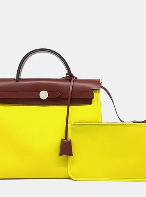 Hermes Herbag Zip Small Yellow Brown Fabric Leather Top Handle Bag