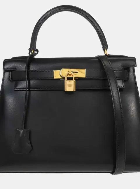 Hermes Kelly 28 Sellier Black Box Calfskin Leather Top Handle Bag