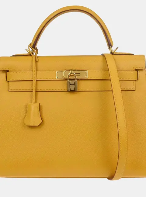 Hermes Kelly 32 Jaune Courchevel Leather Sellier Top Handle Bag