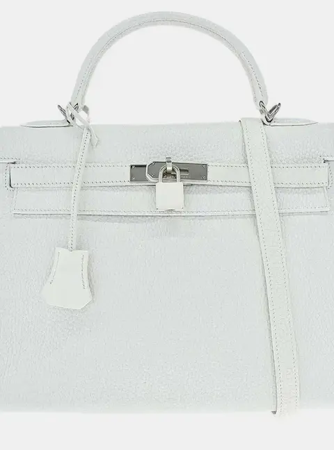 Hermes Kelly 32 White Taurillon Clemence Leather Retourne Top Handle Bag