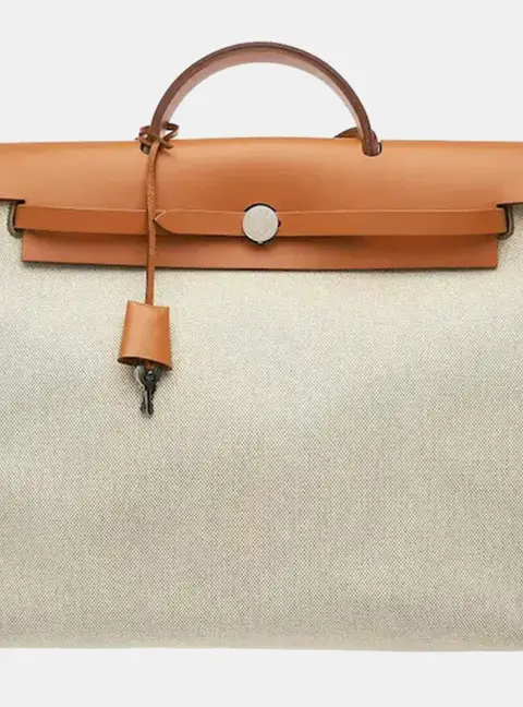 Hermes Herbag 39 Ecru Toile Canvas Vache Hunter Leather Top Handle Bag