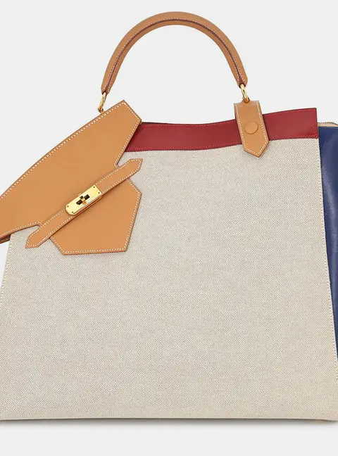 Hermes Himalayan Natural Rouge Vif Navy Toile H Box Calfskin Leather Top Handle Bag