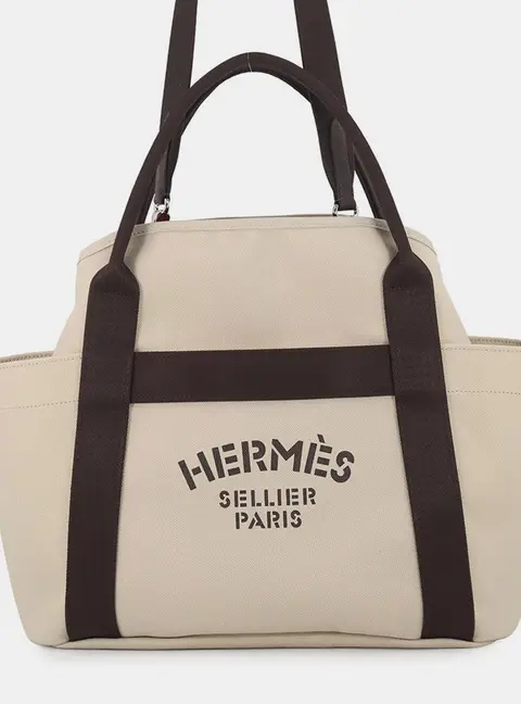 Hermes Groom Beige Toile Chevrons Canvas Tote Bag