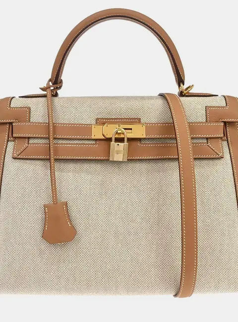 Hermes Kelly 32 Natural Toile H Gold Epsom Leather Sellier Top Handle Bag