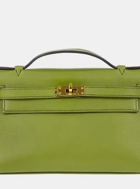Hermes Kelly Pochette Anis Green Swift Calfskin Leather Clutch Bag