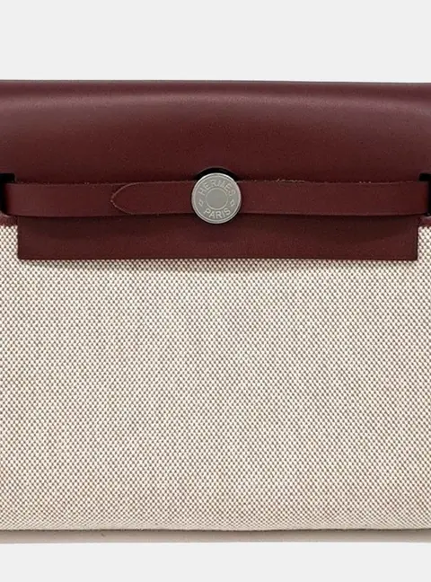 Hermes Herbag 20 Brown Cream Toile Canvas Hunter Leather Shoulder Bag