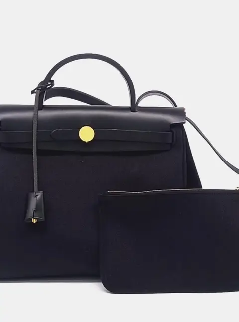 Hermes Herbag Zip 31 Black Canvas Leather Top Handle Bag