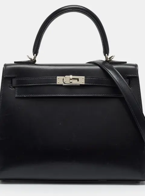 Hermes Kelly Sellier 25 Palladium Finish Noir Box Leather Top Handle Bag