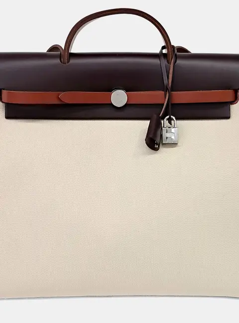 Hermes Herbag Zip PM Naturelle Ecru Canvas Ebene Hunter Leather Shoulder Bag