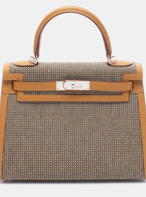 Hermes Kelly Sellier 28 Sesame Toile Quadrille Swift Leather Top Handle Bag