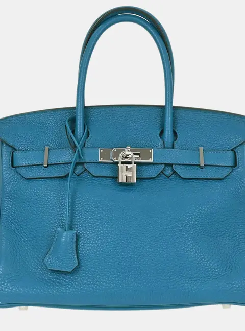 Hermes Birkin 30 Blue Izmir Taurillon Clemence Leather Top Handle Bag