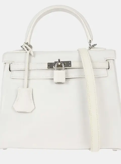 Hermes Kelly 25 White Swift Leather Top Handle Bag