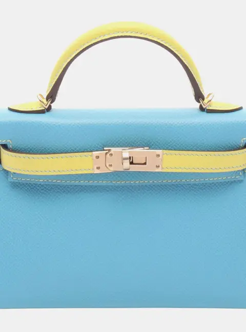 Hermes Kelly II Sellier Blue Aztec Lime Epsom Calfskin Leather Top Handle Bag