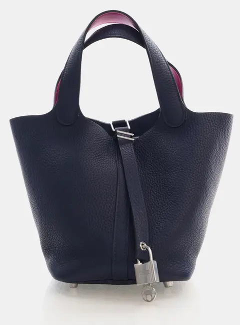 Hermes Verso Picotin Lock 18 Bleu Nuit Rose Pourpre Clemence Swift Leather Top Handle Bag
