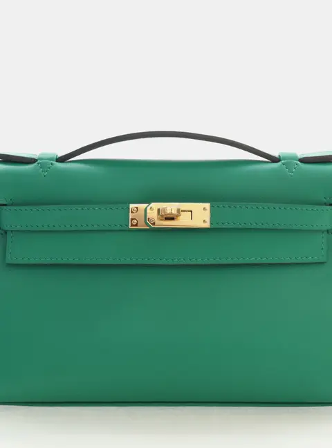 Hermes Kelly Pochette Vert Vertigo Swift Calfskin Leather Clutch Bag