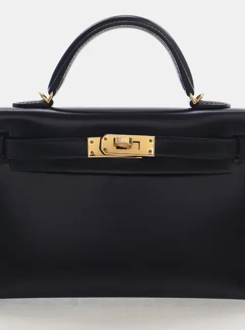 Hermes Mini Kelly 20 Noir Box Calfskin Leather Gold Hardware Top Handle Bag