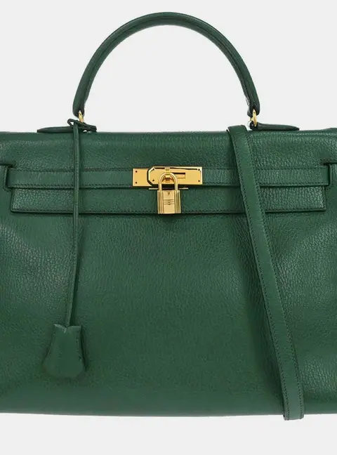 Hermes Kelly 35 Green Taurillon Clemence Leather Gold Hardware Retourne Top Handle Bag