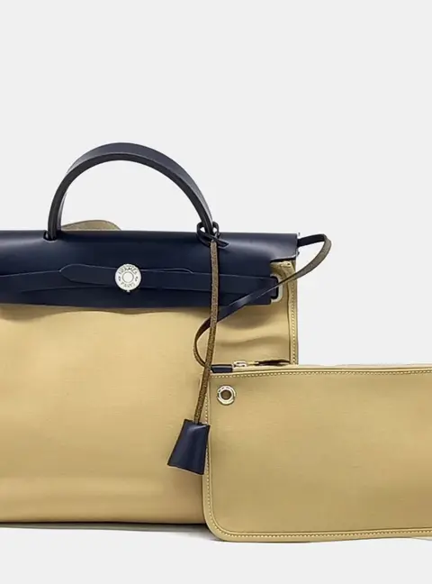 Hermes Herbag Zip 31 Beige Navy Blue Toile Officier Canvas Hunter Leather Top Handle Bag