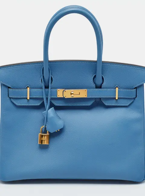 Hermes Birkin 30 Gold Finish Bleu Paradise Epsom Leather Tote