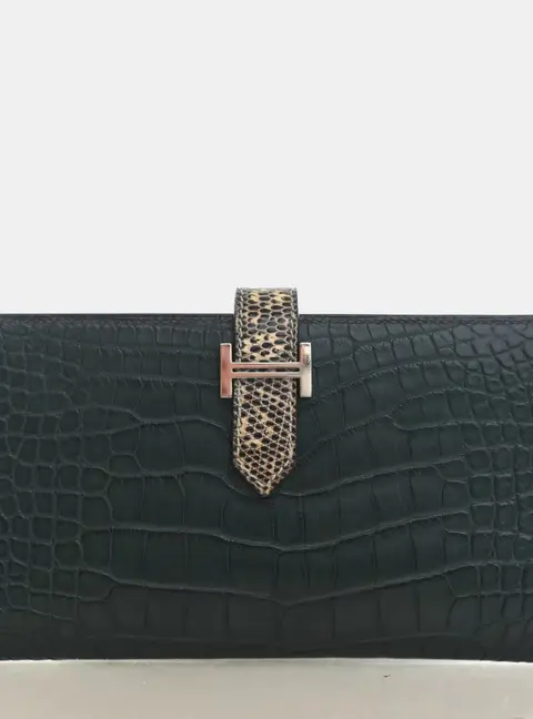 Hermes Bearn Classic Vert Fonce Alligator Lizard Long Wallet