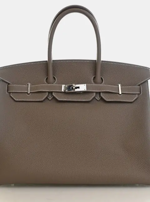 Hermes Birkin 35 Etoupe Clemence Calfskin Leather Top Handle Bag