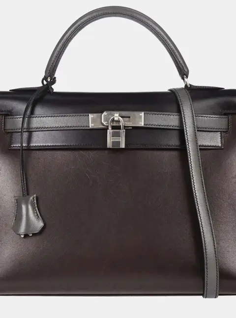 Hermes Kelly 32 Tricolor Dark Brown Burgundy Black Box Calfskin Leather Sellier Top Handle Bag