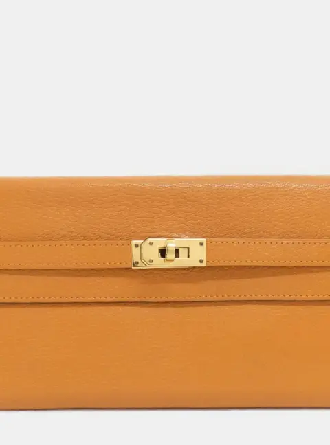 Hermes Kelly Classic Orange Chevre Mysore Leather Gold Hardware Long Wallet