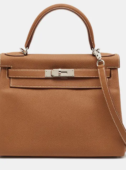 Hermes Kelly Retourne 28 Palladium Finish Gold Togo Leather Top Handle Bag