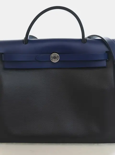 Hermes Herbag Zip 31 Blue Ecru Black Vache Hunter Leather Toile Top Handle Bag