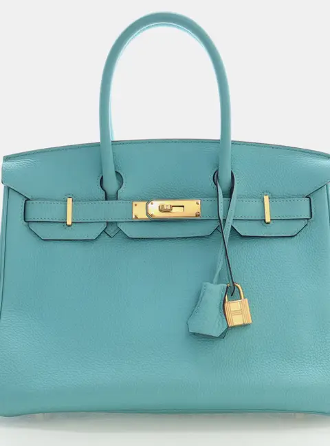 Hermes Birkin 30 Bleu Atoll Togo Calfskin Leather Top Handle Bag
