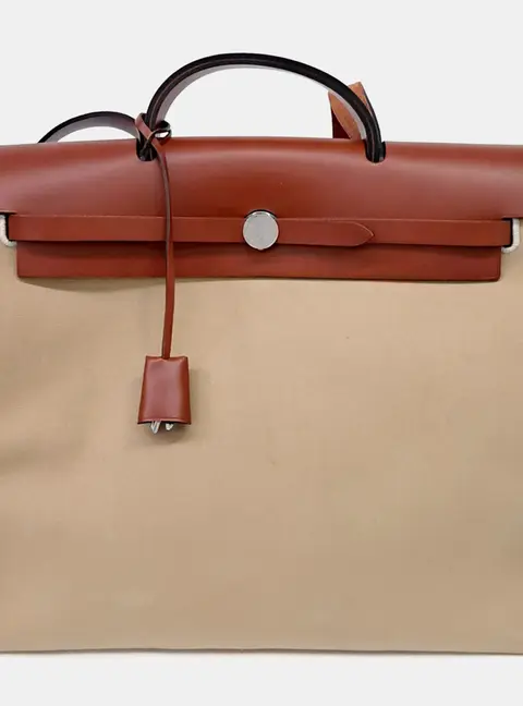 Hermes Herbag Zip 31 Gold Canvas Vache Hunter Leather Top Handle Bag