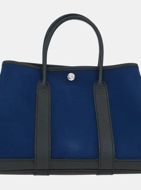 Hermes Garden Party 30 Navy Toile Officier Negonda Calfskin Leather Tote Bag